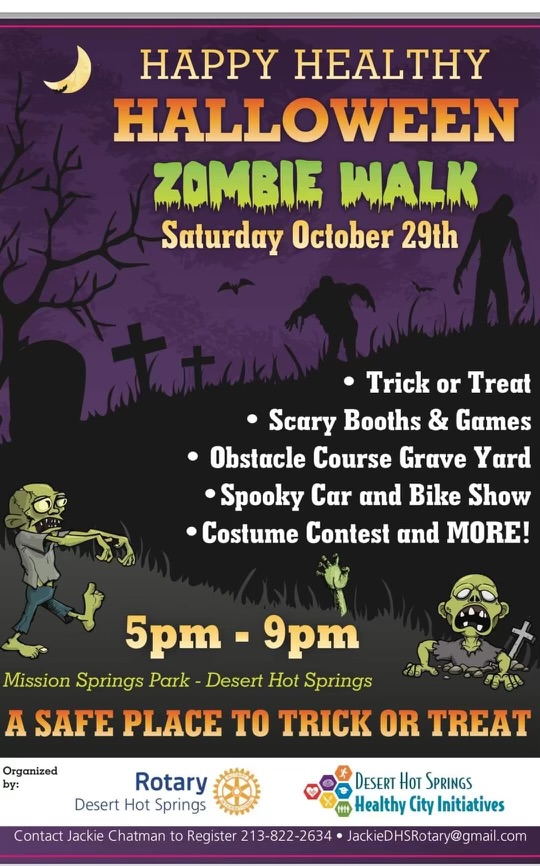 Event flier announcing Happy Healthy Halloween Zombie Walk on Saturday, October 25th from 5pm to 9pm. 