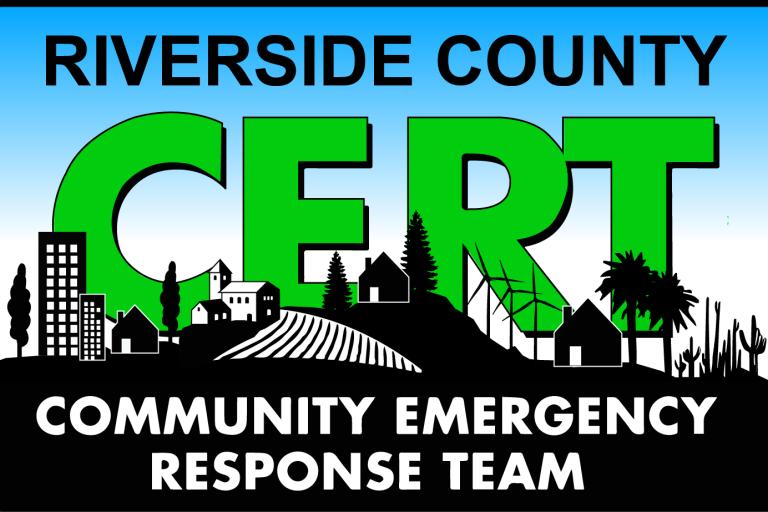 Riverside County CERT Logo in green, white and black wording with a city shadowed in the background