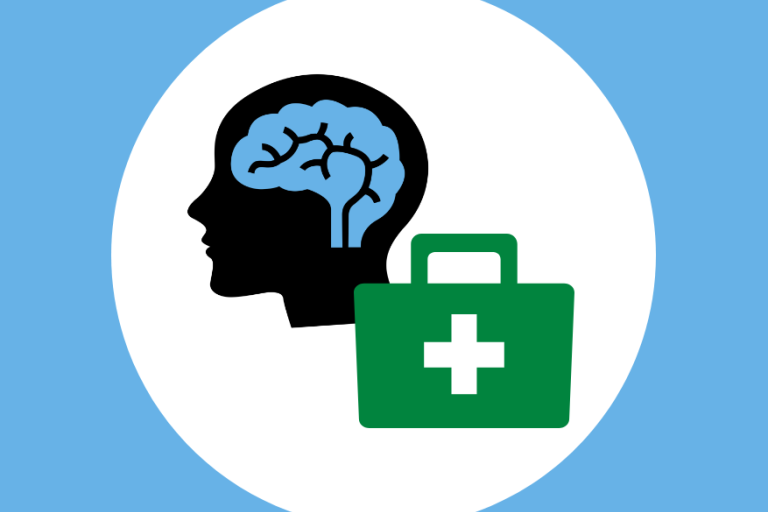 light blue background with white circle, inside the circle is a silhouette of a head with a human brain in blue and first aid kit on the side of the silhouette.