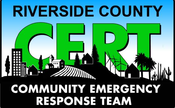 Riverside County CERT Logo in green, white and black wording with a city shadowed in the background