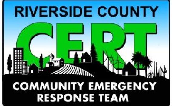 "Riverside County CERT" Logo in green and black lettering with a black and white city shadow in the background 