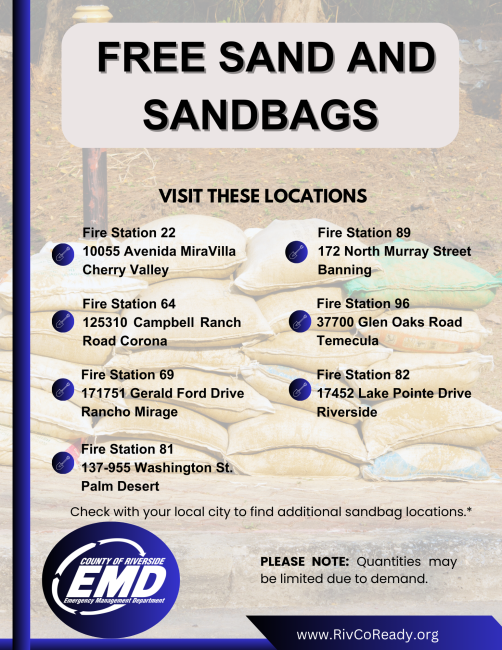 Image of a flyer with fire station addresses listing free sand and sandbags locations. 