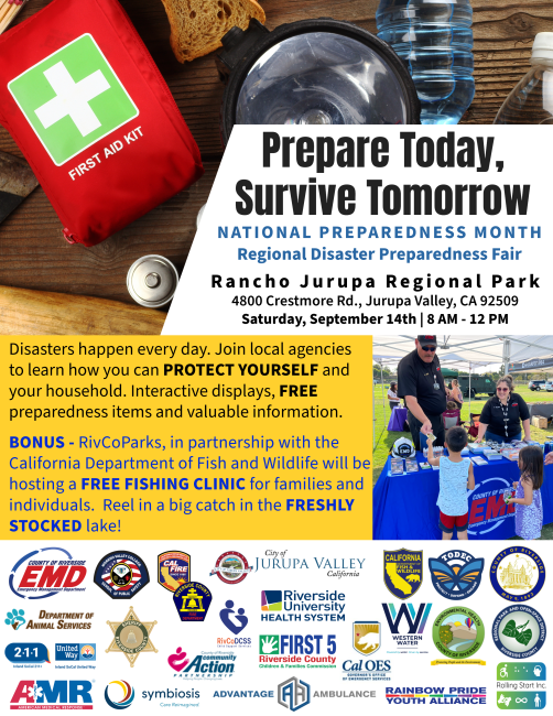 Flier for September 14th (08:00-noon) Western Riverside County Regional National Preparedness Month Fair at Rancho Jurupa Regional Park at 4800 Crestmore Rd., Riverside, CA 92509.