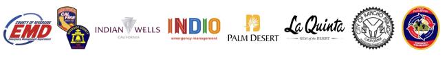 Logos from the agencies and cities participating in CERT Field day, including CAL FIRE/Riverside County Fire Department, City of Indian Wells, City of Indio, City of  Palm Desert, City of La Quinta, City of Rancho Mirage and City of Palm Springs.