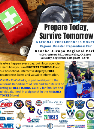 Flier for September 14th (08:00-noon) Western Riverside County Regional National Preparedness Month Fair at Rancho Jurupa Regional Park at 4800 Crestmore Rd., Riverside, CA 92509.