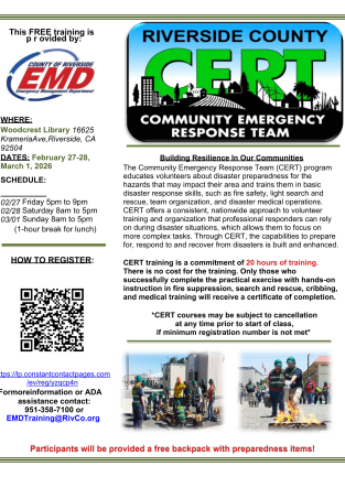 CERT training flyers with information about what CERT is the upcoming class in Riverside, CA.